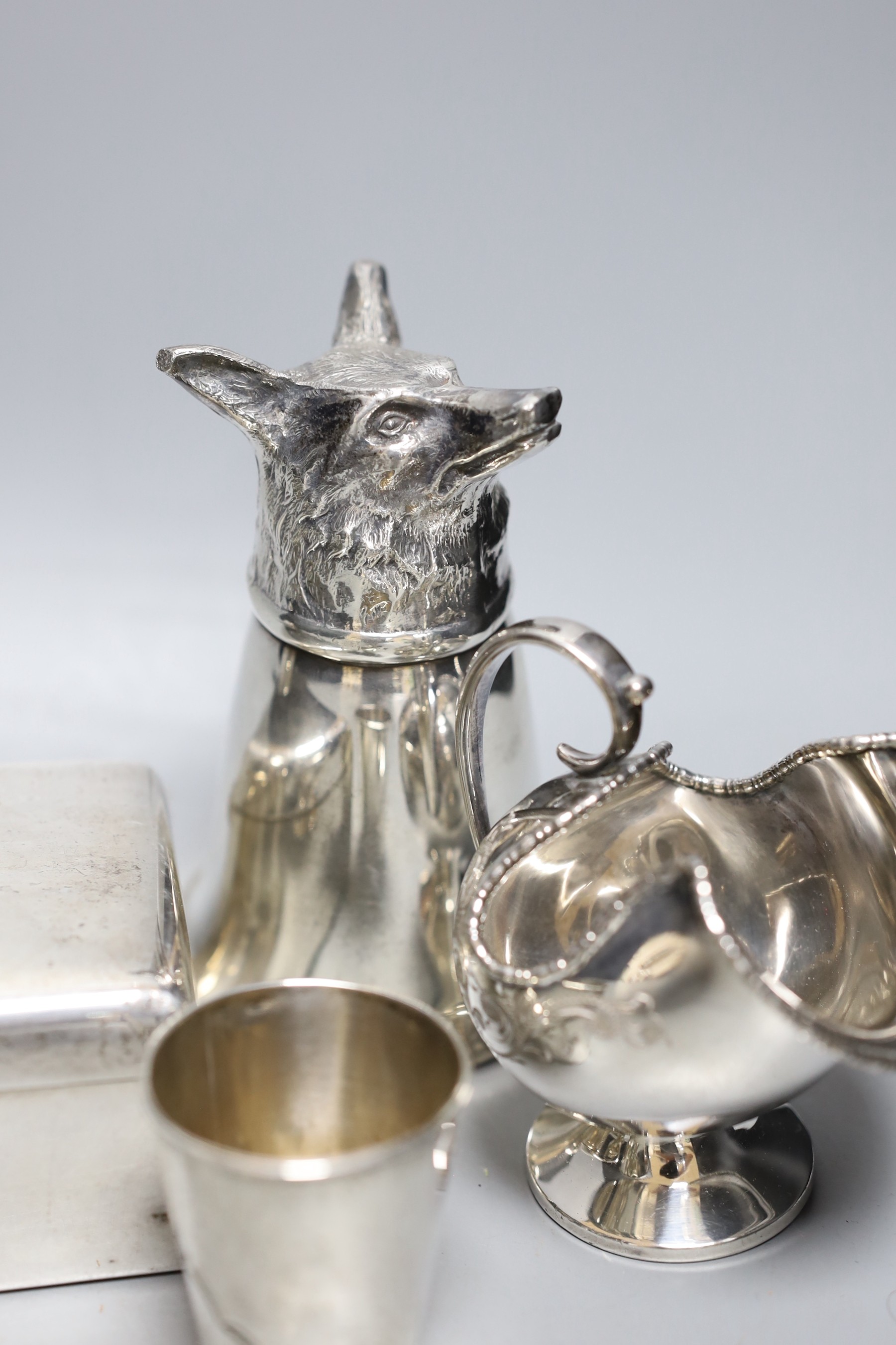 A small group of plated wares including a hunting cup, tots, box etc.